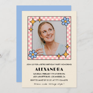 Retro Floral Photo 46e anniversaire invitation Ble