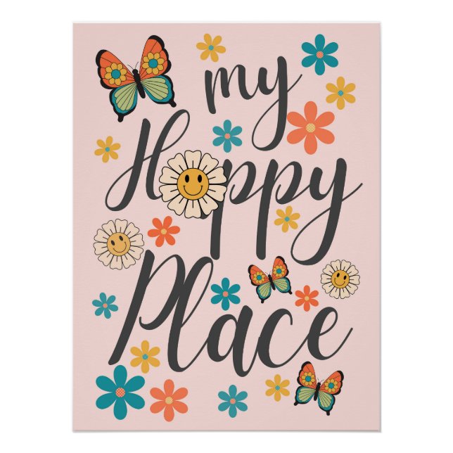 Retro Flowers Butterfly Wall Poster Art  (Devant)