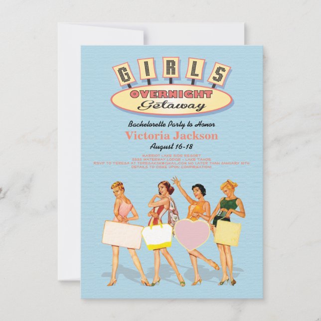 Retro Girls Overnight Luggaway Invitations (Devant)