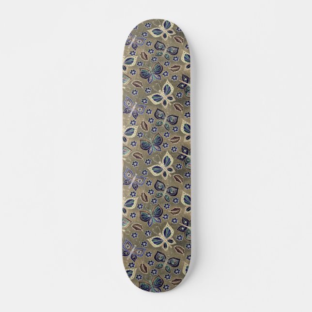 Retro Girly Blue Butterfly Motif skateboard (Devant)