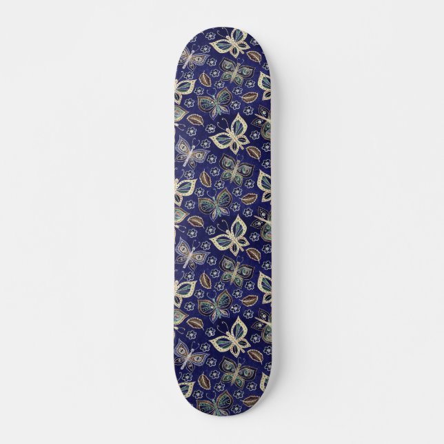 Retro Girly Blue Butterfly Motif skateboard (Devant)