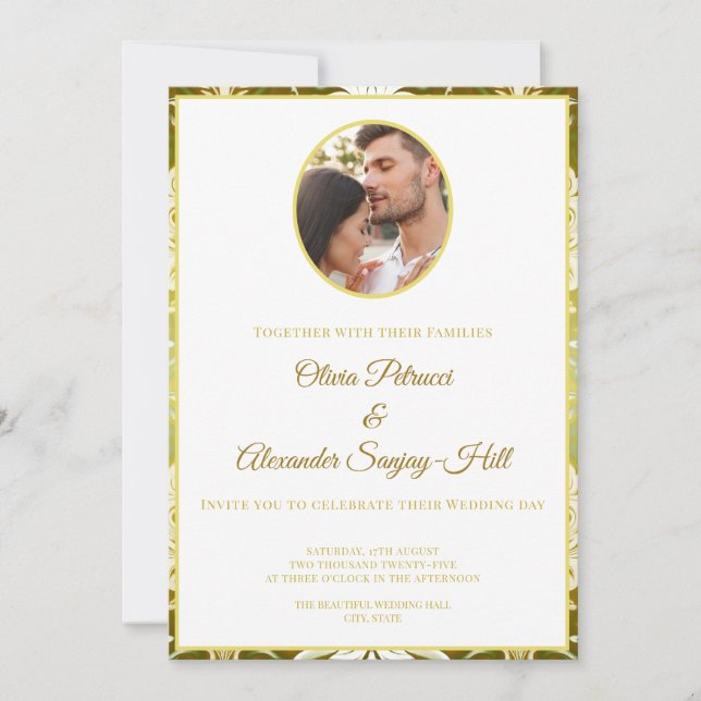 Retro Gold Green Damask 1 Faire-part de mariage ph (Devant)