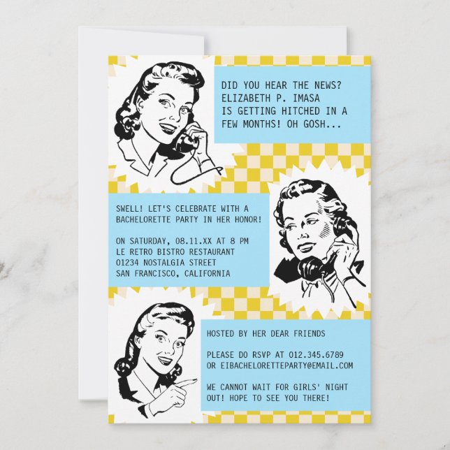 Retro Gossip Gals Bachelorette Party Invitations (Devant)
