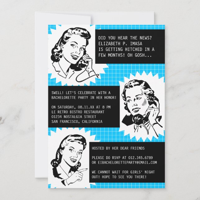 Retro Gossip Gals Bachelorette Party Invitations (Devant)