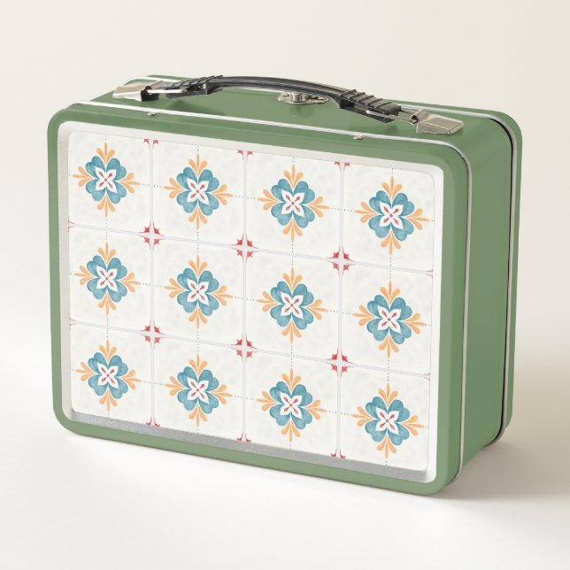 Retro green lunchbox with a floral tile pattern  (Dos)