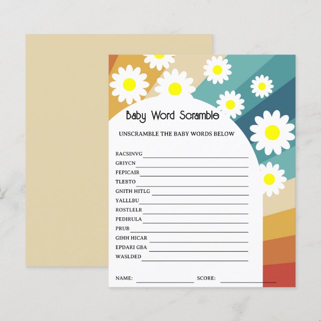 Retro Groovy - Mots Mêlés | Jeu de Baby Shower (Devant / Derrière)
