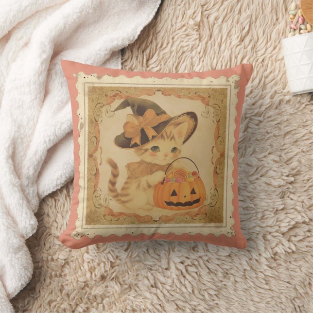 Rétro Halloween Kitten Coussin (Couverture)