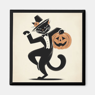 Retro Happy Halloween Dancing Black Cat Magnet