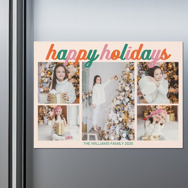 Retro Happy Holidays 5 Photo Collage Magnet Card (Créateur téléchargé)