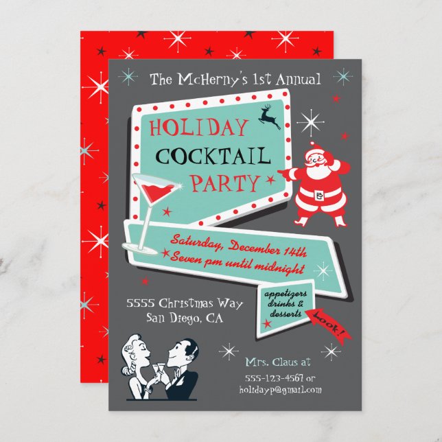 Retro Holiday Cocktail party Invitations (Devant / Derrière)