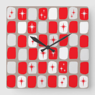 Rétro horloge murale carrée rouge de Starbursts