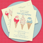 Retro Ice Cream Cone 21ème anniversaire Invitation<br><div class="desc">Nouveau pour l'été 2024. Notre carte postale invitation "Ice Cream, You Scream We All Scream Happy 21st Birthday !" Trois cônes de crème glacée à l'aquarelle rétro avec des glaces patriotiques rouges, blanches et bleues et des arrosées occupent le centre de la scène au-dessus des détails de votre fête d'anniversaire....</div>
