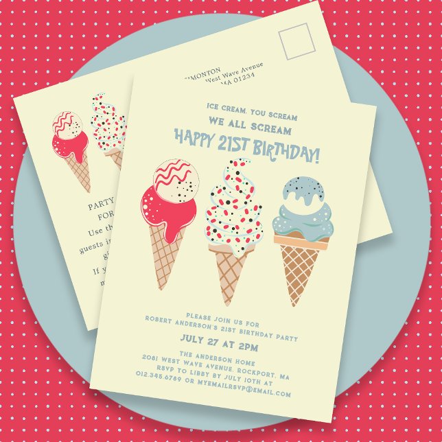 Retro Ice Cream Cone 21ème anniversaire Invitation (Créateur téléchargé)