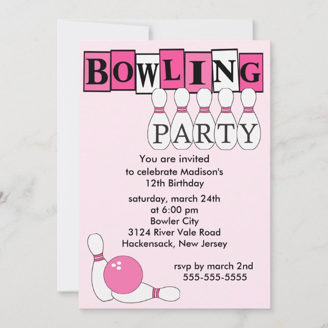 Rétro invitation de fête d'anniversaire de bowling (Devant)