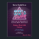 Rétro invitation de partie des années 80<br><div class="desc">les années 80 Party l'invitation comportant une rétro typographie de style de 'partie des années 80". Les conceptions incluent des éléments de pourpre foncé,  bleus,  et roses,  éléments futuristes de la science fiction des années 80,  triangle et grille.</div>
