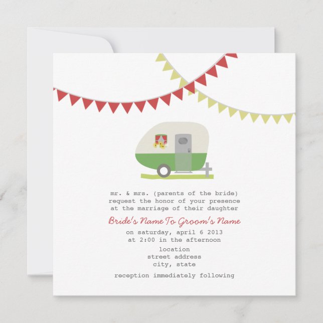 Rétro invitation vert de mariage de remorque (Devant)