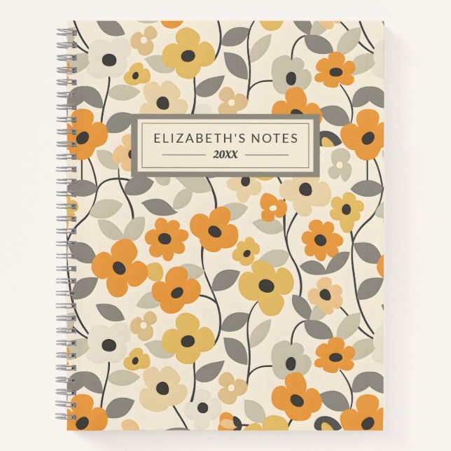 Retro Jaune Floral Motif Monogramme Journal (Devant)