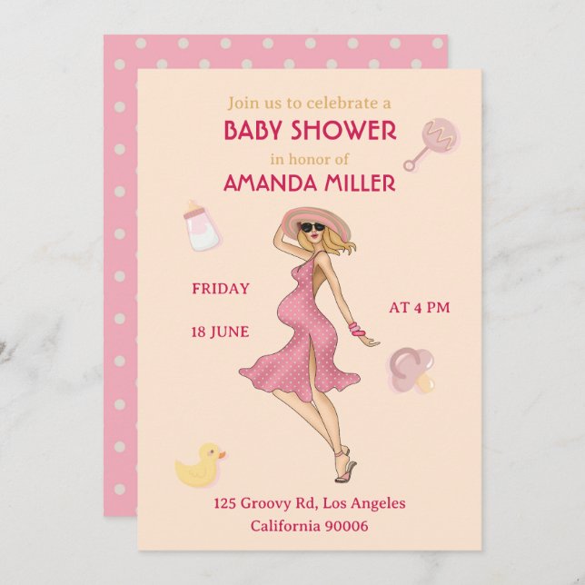 Retro Maman Blonde 2 Baby shower Party Invitation (Devant / Derrière)