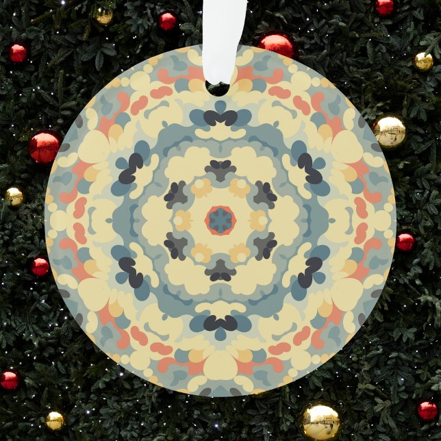 Rétro Mandala bleu jaune et rouge (Blue Red and Tan Retro Mandala Ornament by Wormhole Orbital)