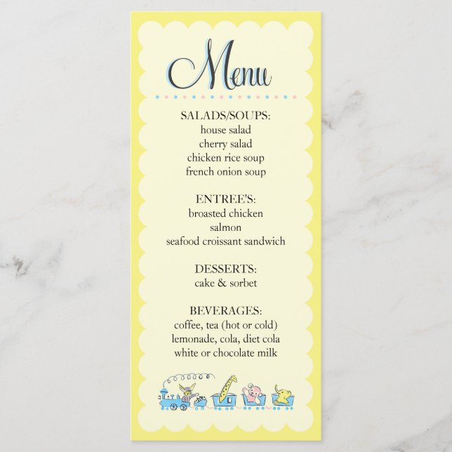 Rétro menu animal de baby shower du train | (Devant)