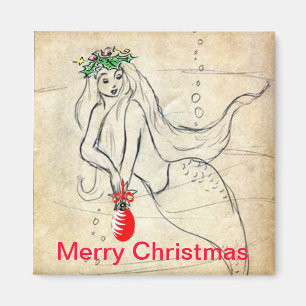 Rétro Mermaid Joyeux Magnet de Noël