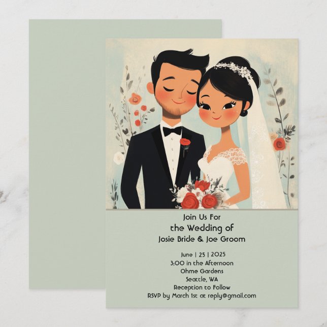 Rétro mignon asiatique amour faire-part de mariage (Devant / Derrière)