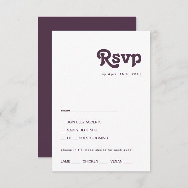 Rétro moderne | Carte RSVP de choix du menu pourpr (Devant / Derrière)