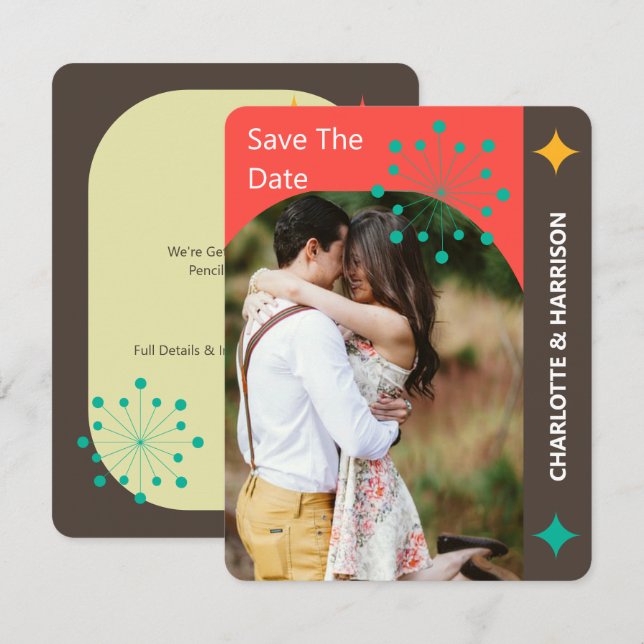 Retro Moderne Mi-Siècle Photo Enregistrer La Date (Devant / Derrière)