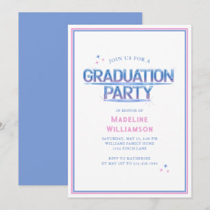 Retro Neon Blue Pink Graduation Party Invitation