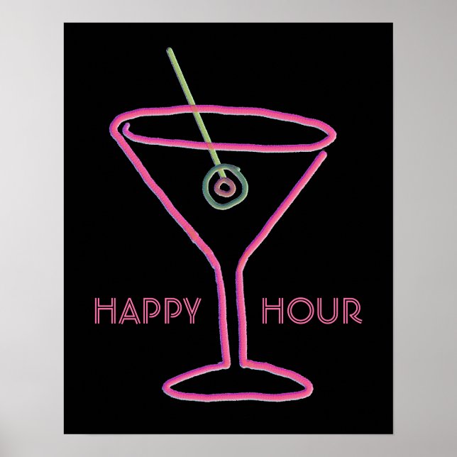 Retro Neon Martini Happy Hour Poster Imprimer (Devant)