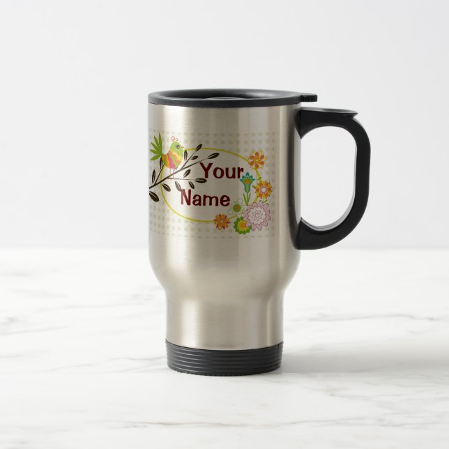 Rétro oiseau et fleurs votre tasse nommée (Droit)