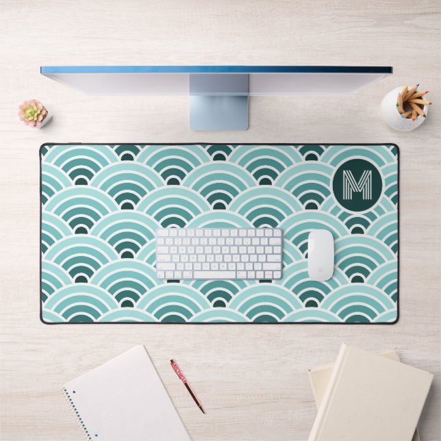 Retro Ombre Turquoise Blue Green Waves Art Motif (Bureau 1)
