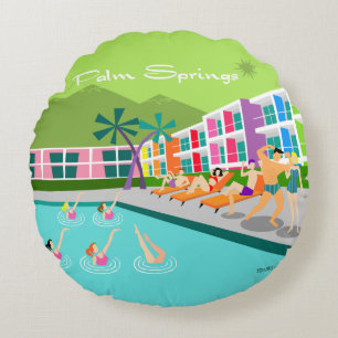 Retro Palm Springs Hotel Round Coussin