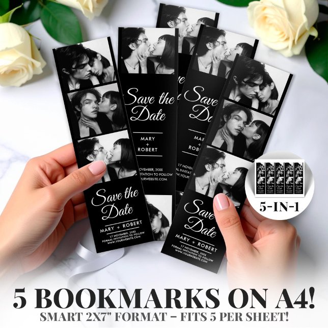 Retro Photo Booth 2x7" Enregistrer la Mariage de d (Photo Booth 2x7" Save the Date Wedding Strip )