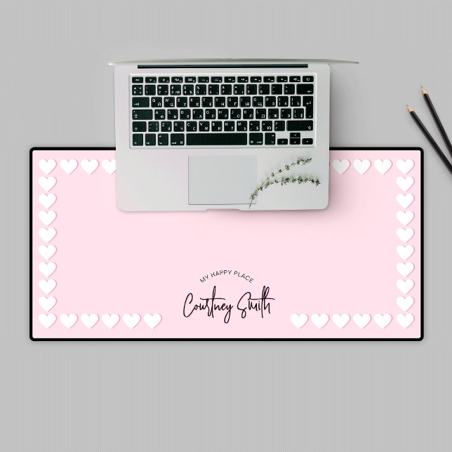 Retro Pink Heart Motif mignon Trendy Nom du script (Elegant blush pink with heart border personalized girly desk mat)