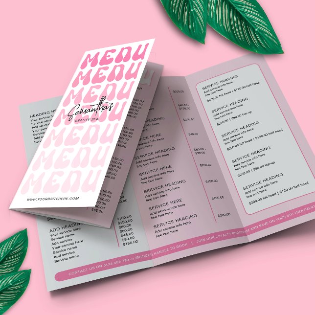 Retro Pink Super Beauty Salon Prix Tri-Fold (Retro pink business tri-fold price list with groovy fonts and feminine pink color scheme)