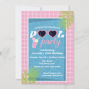 Retro Piscine rose Anniversaire Fête Invitation