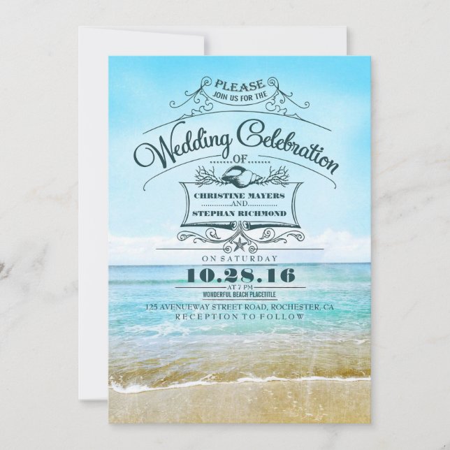 Retro plage invitation mariage bleu mer (Devant)