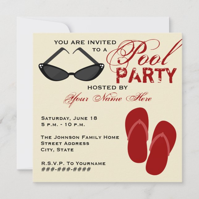 Retro Pool Party Invitations tongs et lunettes de  (Devant)
