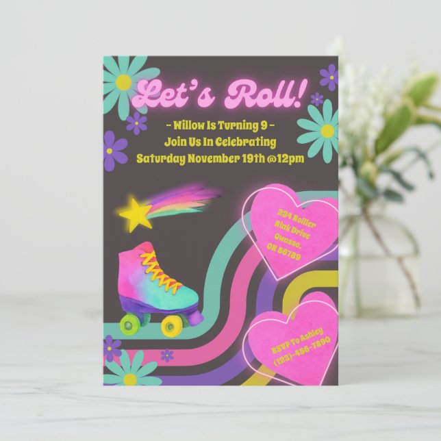 Retro Roller Sking Anniversaire Fête Invitation (Debout devant)
