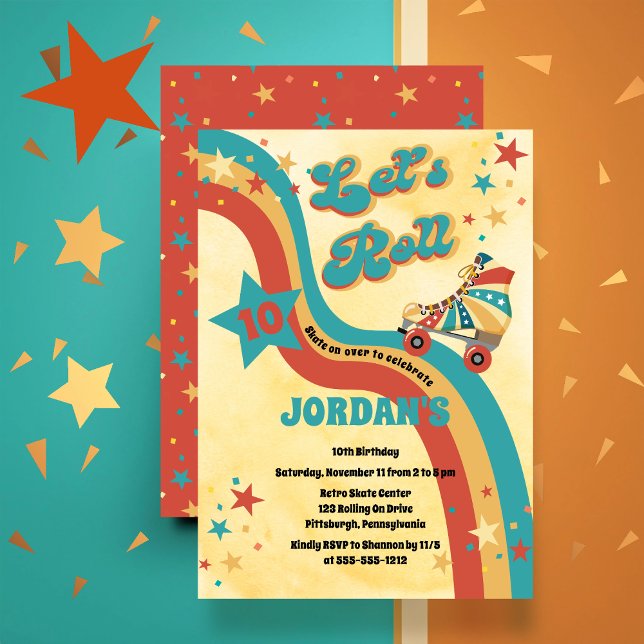 Retro Roller Sking Anniversaire Fête Invitation (Retro 70's Roller Skating Birthday Party Invitation in Seventies Colors and Style)