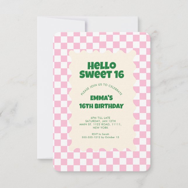 Retro rose Super Checker Sweet 16 Invitation (Devant)