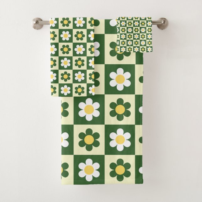 Retro Sage Green and Cream Daisy Checkerboard  (En situation)