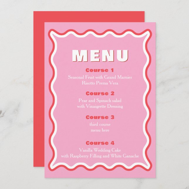 Retro Squiggle Wavy Pink Red Menu Mariage (Devant / Derrière)