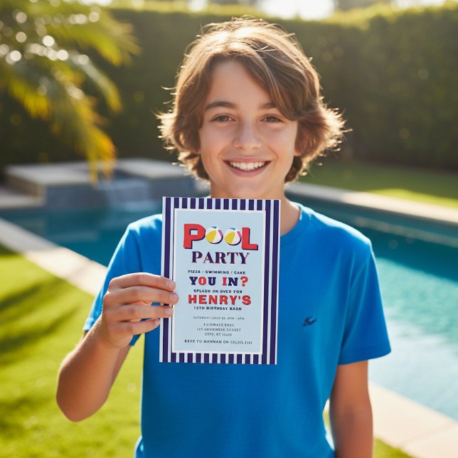 Retro Stripes Beach Ball Pool Party Invitation (Créateur téléchargé)