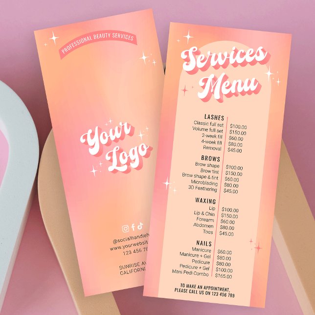 Retro Super Salon Rose féminin Menu Prix (Embrace the retro groove with this trendy business price list rack card design)