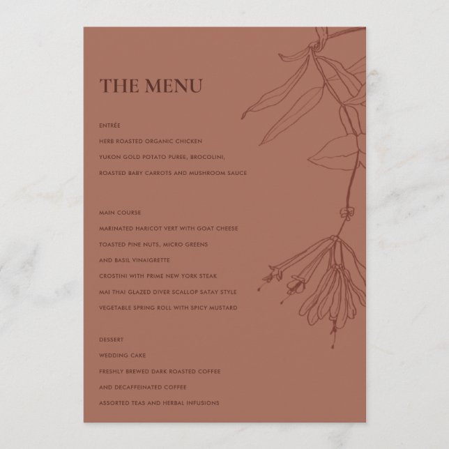 RETRO TERRACOTTA RED LINE DRAWING FLORAL MENU (Devant)