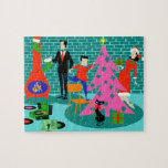 Rétro Trimming the Christmas Tree Puzzle<br><div class="desc">Cette Famille Rétro Trimming the Christmas Tree Puzzle contient toutes les traditions de vacances mais le gâteau de fruits. Une famille de dessins animés des années 1960 est à la maison dans leur salon moderne du milieu du siècle. Un mur en briques turquoise et turquoise et une cheminée rouge cône...</div>