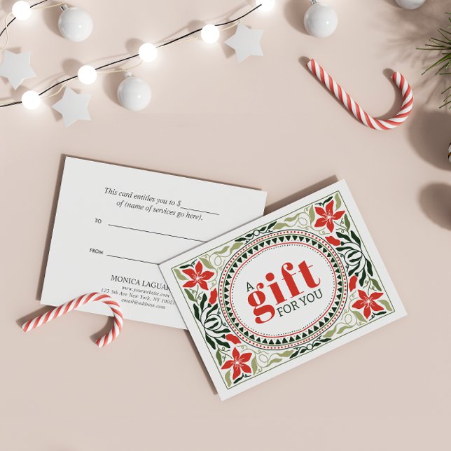 RÉTRO VACANCES FLEURS ROUGES VERTES FRAME NOËL ("Intricate Victorian-Style Green & Red Floral Gift Card: Timeless Gifting Charm)