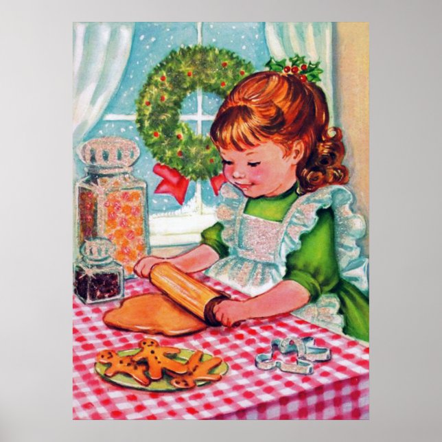 Rétro vintage Noël fille cuisson poster de vacance (Devant)